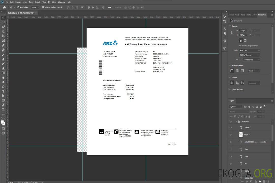 Modèle de relevé bancaire de preuve d'adresse Australie ANZ au format Excel et PDF template